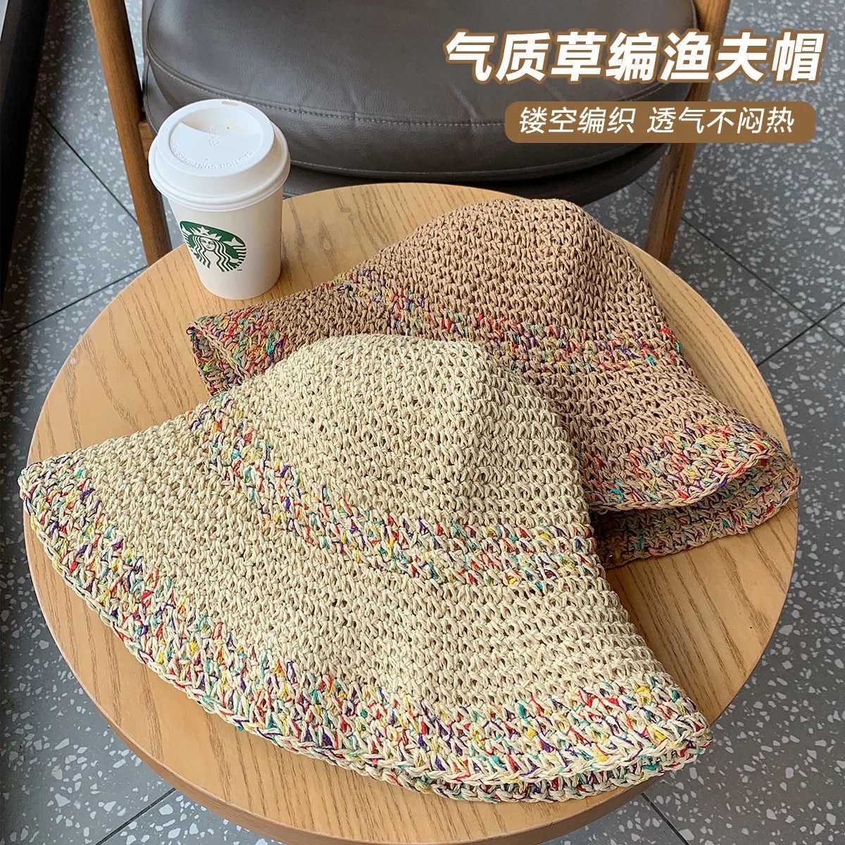 Womens Braided Straw Fisherman Hat UPF50+ Wide Brim Face Slimming Summer Beach Vacation Laser Cut Fashionable Sun Hat M250616