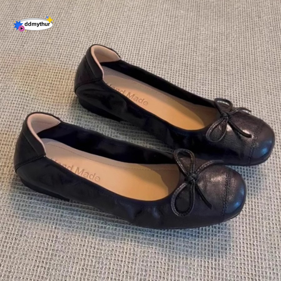 Cowhide Version ~ Shallow Mouth Single for Women, Flat Versatile Bowknot Evening Shoes, Ultra Soft Egg Roll Ballet Shoes ddmythur