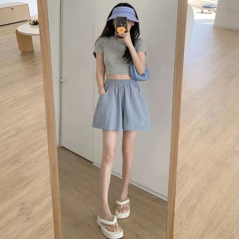 Women Summer Soft Casual Shorts Pants Lady Baggy Wide Leg Elastic Pink Cotton Cargo Pants Female High Waist Beach Baggy Pants 250614