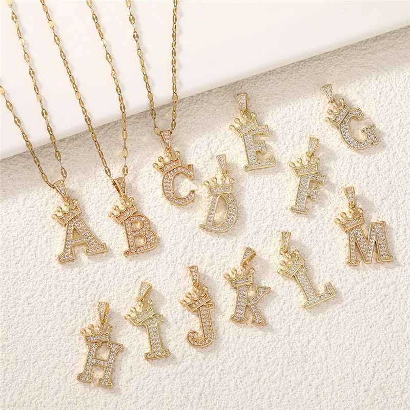 Light Luxury Crown 26 Letter Zircon Necklace Stainless Steel Chains Simple Geometric Pendant Choker Jewelry Gift For Women Girl W250616