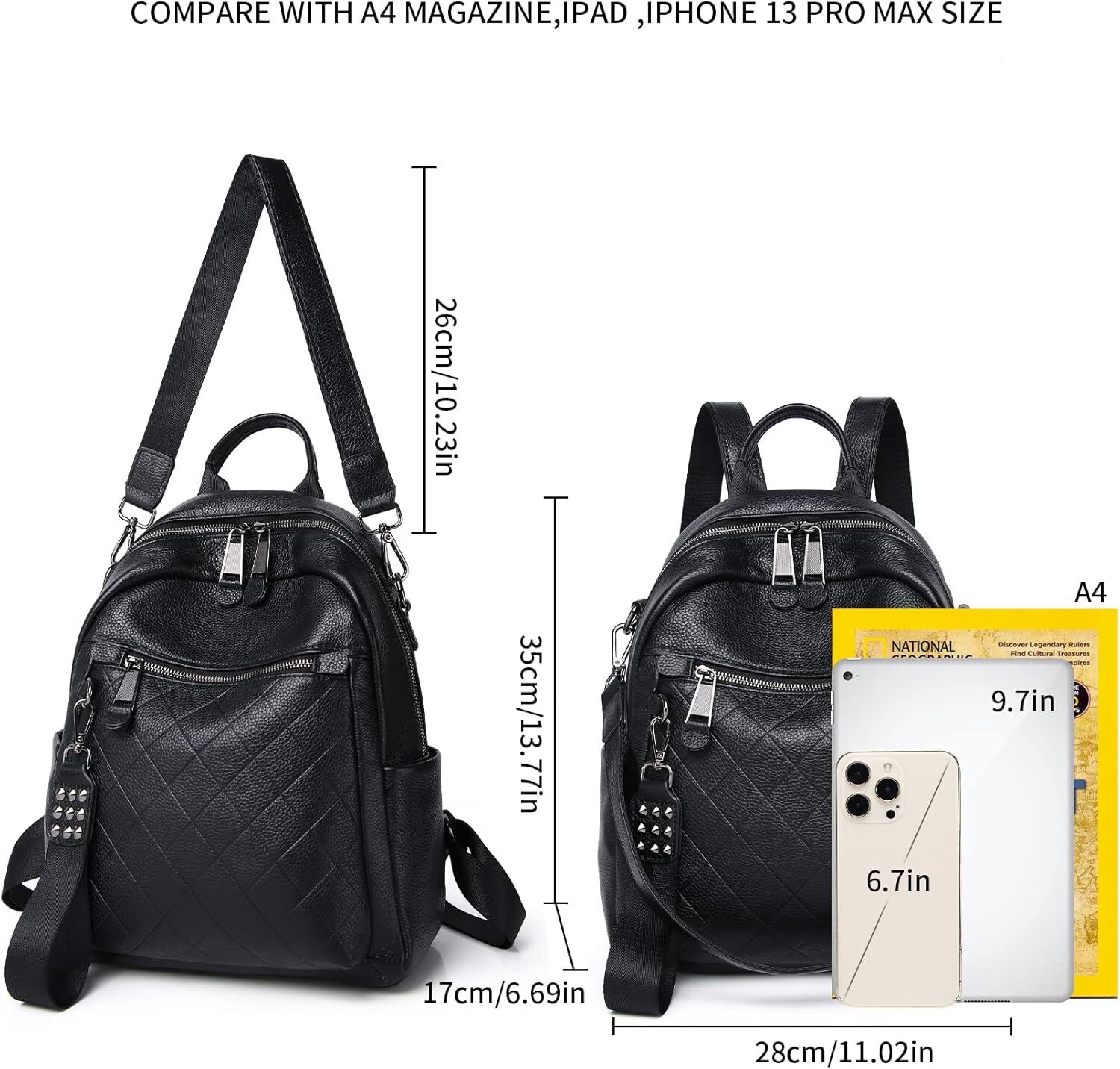 Wesccimo Genuine Backpack Purse For Women Black Quilted Real Soft Leather Fashion Designer Convertible Ladies Shoulder Bag