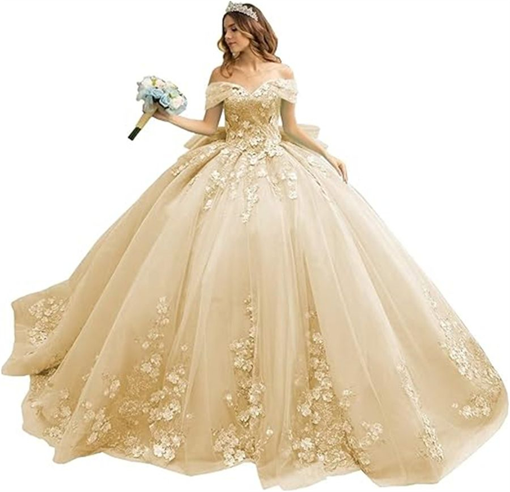 Ball Gown Quinceanera Dresses Off the Shoulder Appliques Big Bow Lace-up Sweetheart Tulle Plus Size Sweet 15 16 Princess Birthday Party Gowns Vestidos