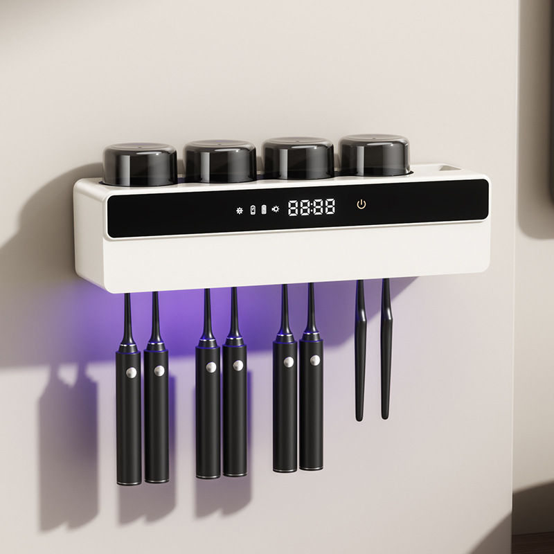 Wall mounted Toothbrush Sanitizer Rack Smart Drying UV Sterilization Punch free Toothbrush Cup Holder Wall mounted Charging