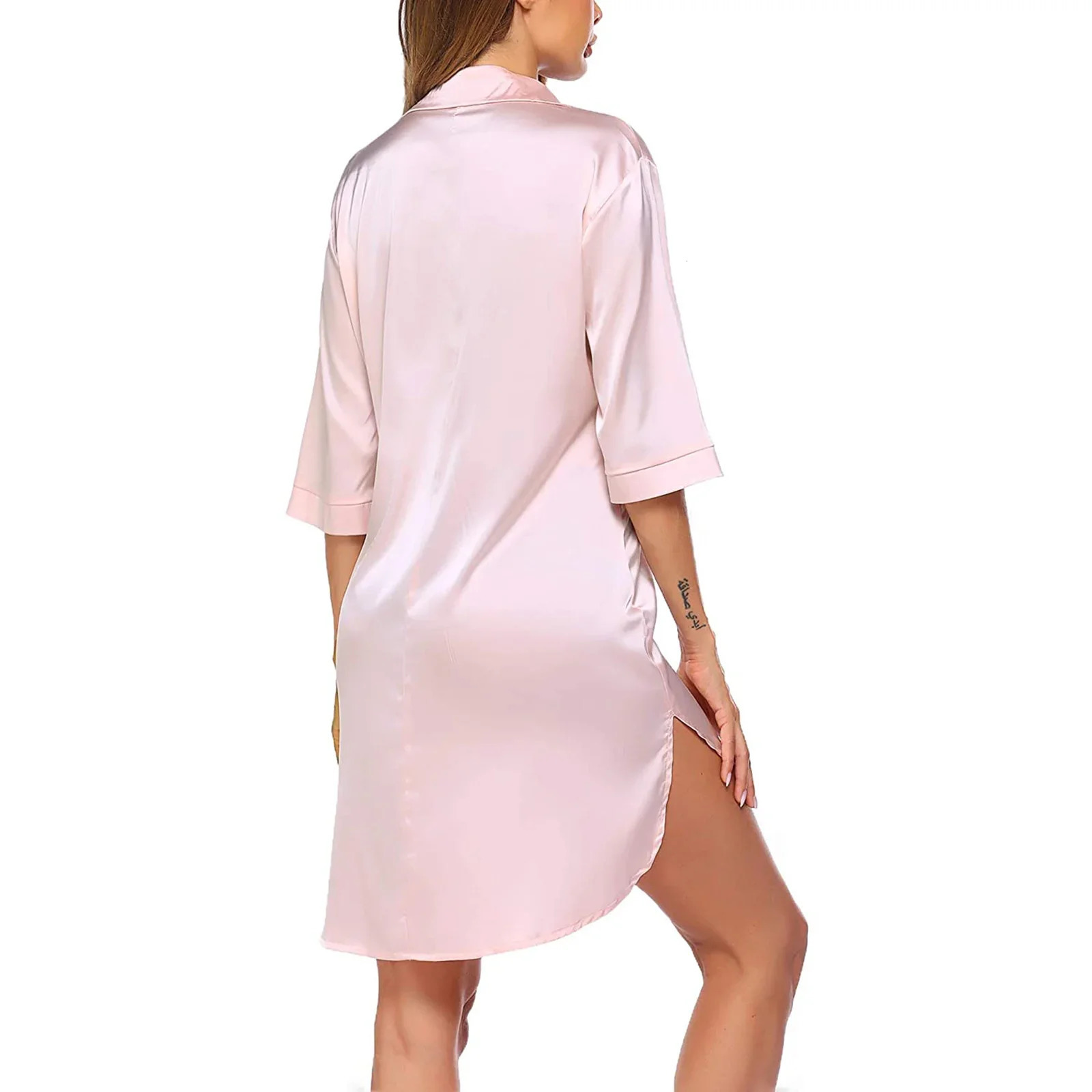 Combhasaki Womens Solid Color Satin Silky Comfy Sleepshirts Half Sleeve Single Breasted Down Lapel Collar Loose Night Shirts 250614