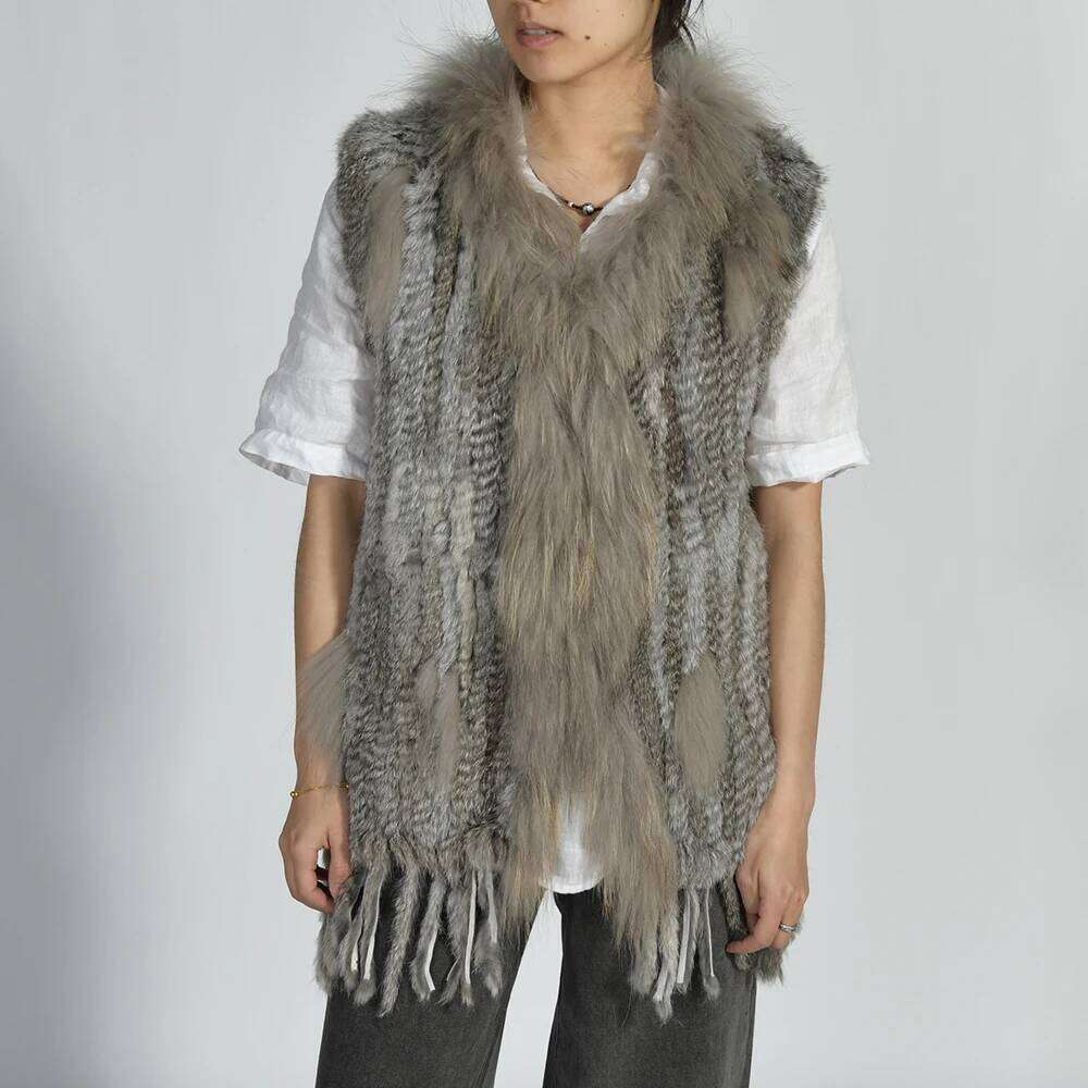Jxwatcher Women's Real Rabbit Knitted Vest with Tassel Natural Warm Sleeveless Coat Ladies Genuine Fur Gilet New Arrival