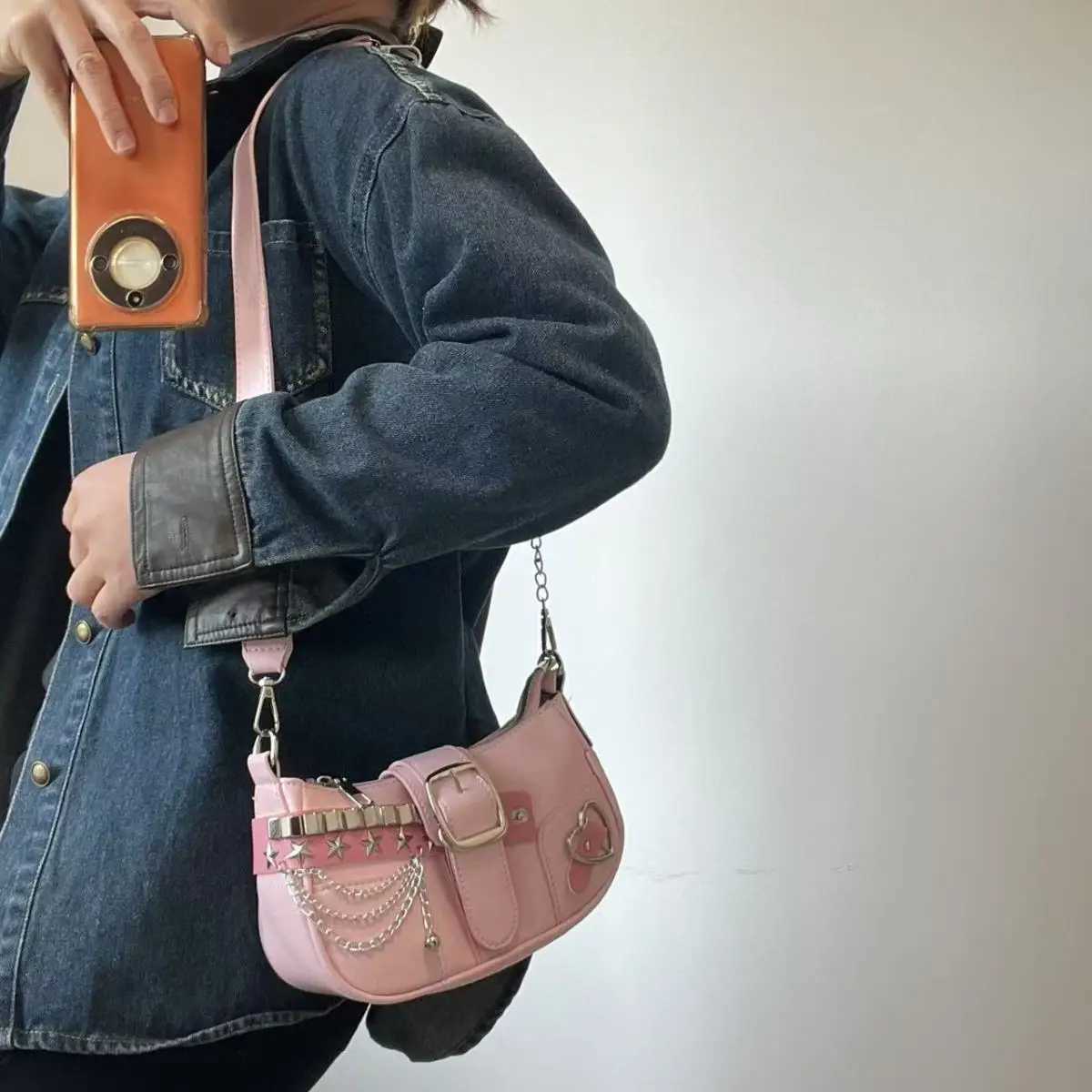 Fashion Hot Girls Square Shoulder Bags Retro Rivet Star Womens Underarm Bag Sweet Pu Leather Female Chain Handbags Pink PurseXJ2520616