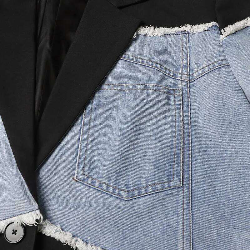 Vintage Style Denim Patchwork Design Sense Women Suit Jackets Y2K High Street Turn-down Collar Ripped Long Sleeve Casual Tops
