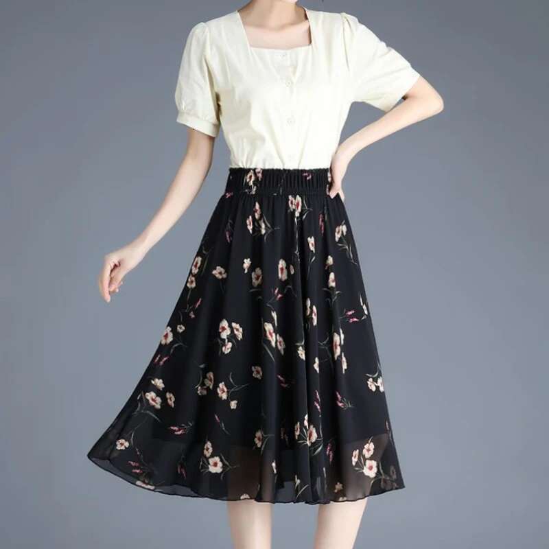 Skirts for Women Chiffon Woman Skirt Floral Midi Summer Casual New In Clothing Sales Modest Luxury Elegant High Quality V Cheap