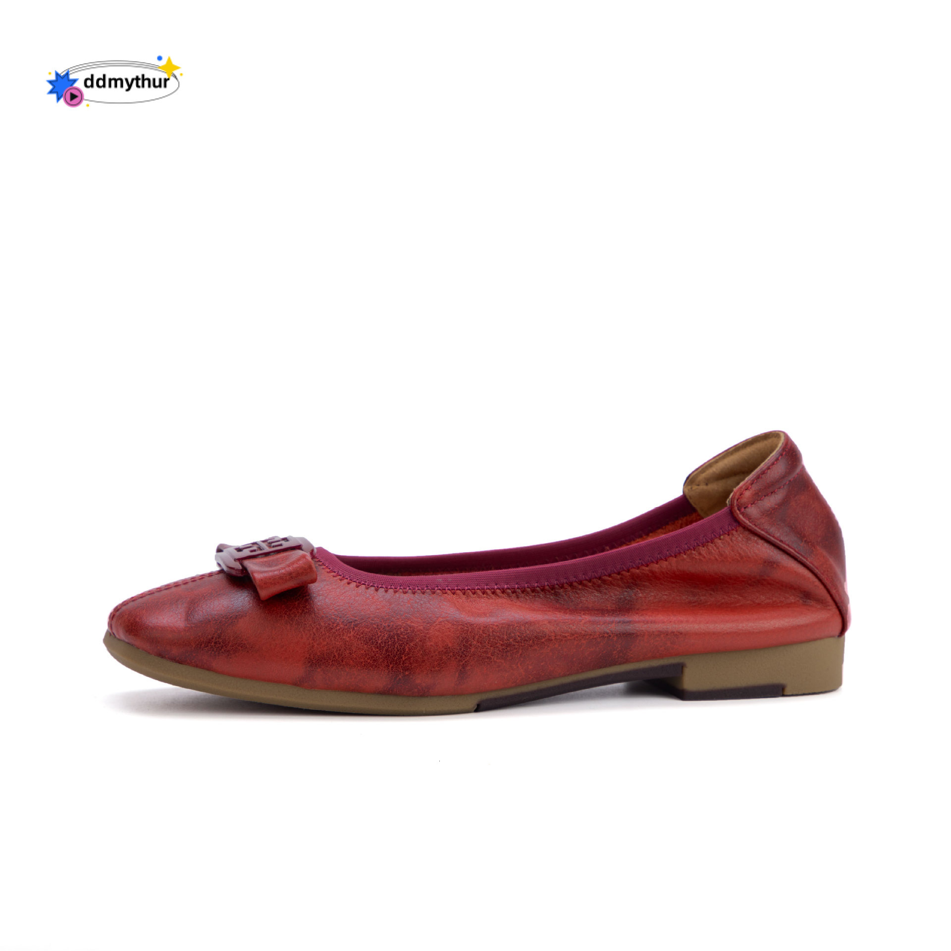 Sole Soft Surface Top Layer Cowhide Single Square Toe Bowknot Flat Spring Shallow Mouth Large Size Genuine Leather Women's Shoes