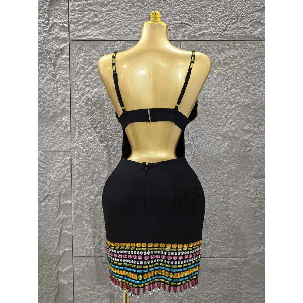 Black Color Women Sleeveless Sexy V-Neck Bodycon Mini Bandage Colorful Crystal Celebrate Nightclub Party Red Carpet Dress