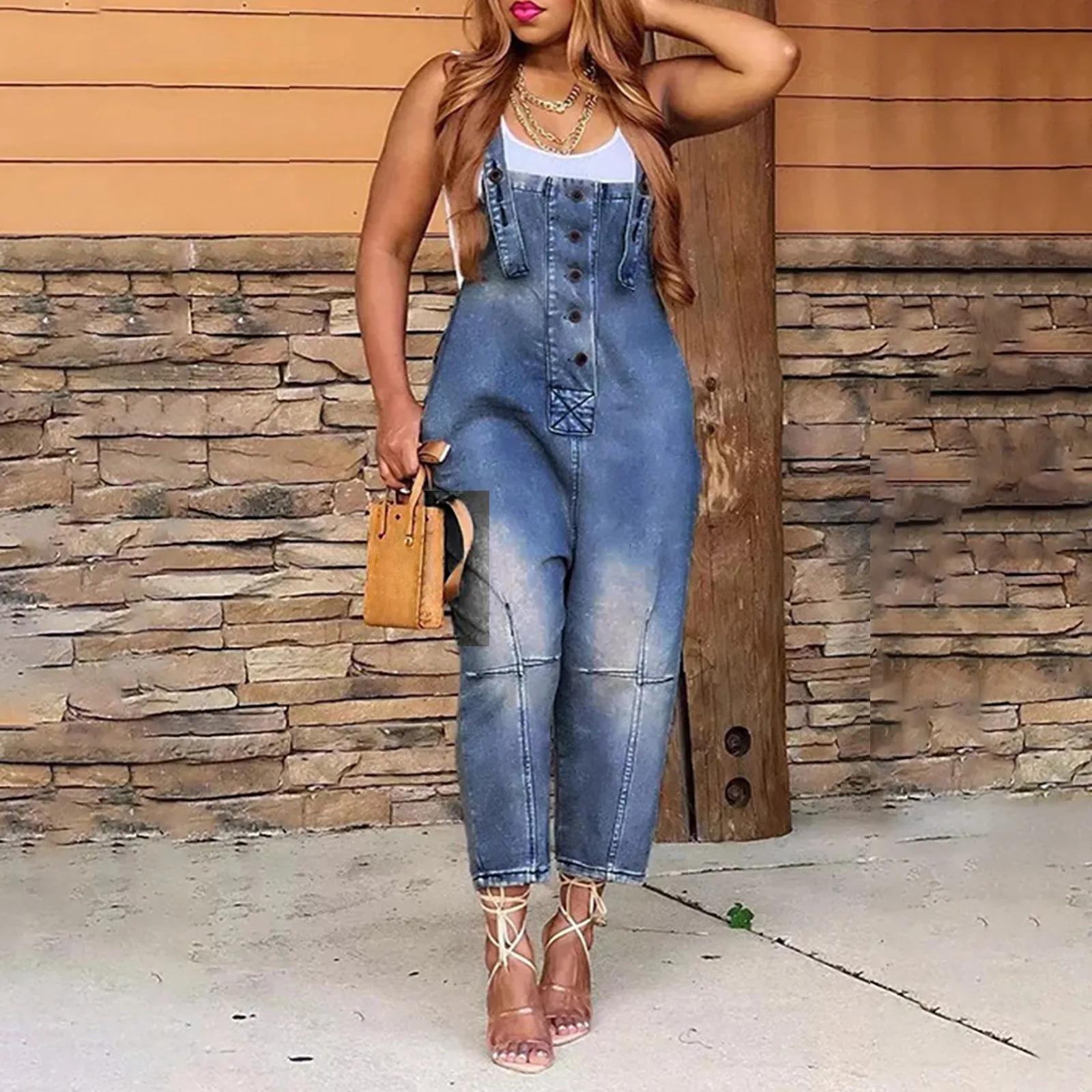 WomenS Pocket Washed Denim Overalls European American Large Size Button Strap Backpack Shorts Casual Womens Jeans Overalls 250612