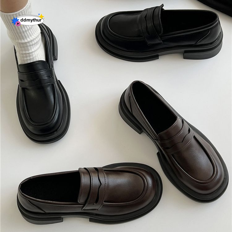 Women's Leather 2024 Spring New British Style Black Thick-Soled Loafers JK Uniform Single Shoes ddmythur