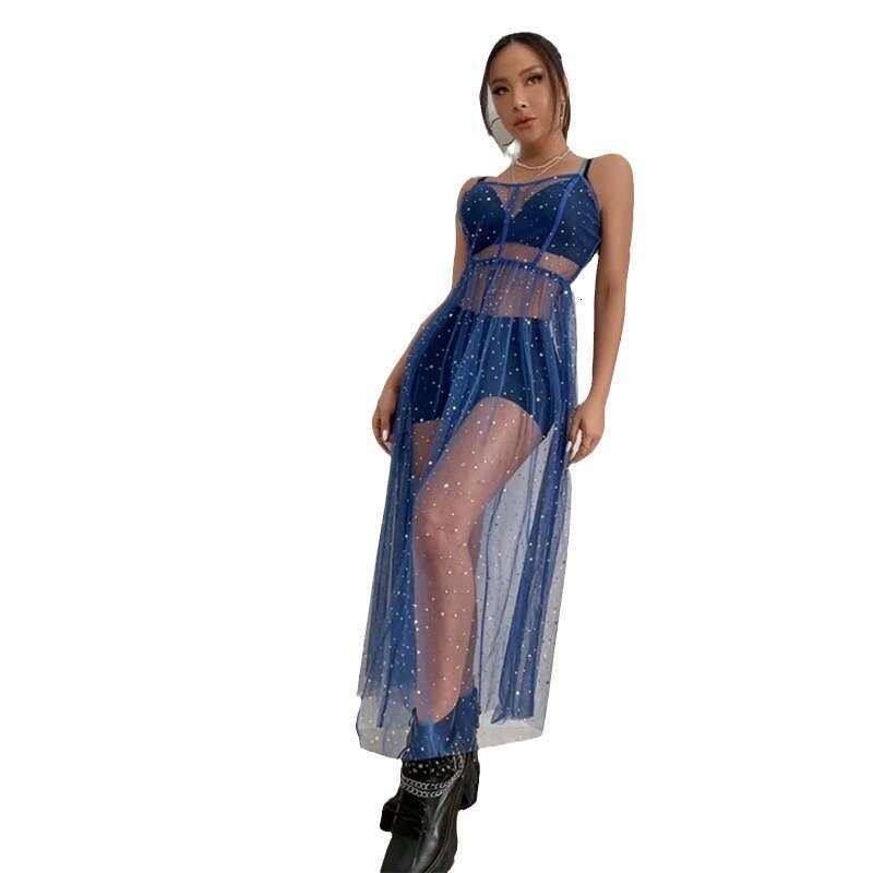 Ins Style Street Spaghetti Strap Bikini Cover-Up Star Sheer Mesh Sexy Slim Dress 2025 New Elegant Unique Fashion
