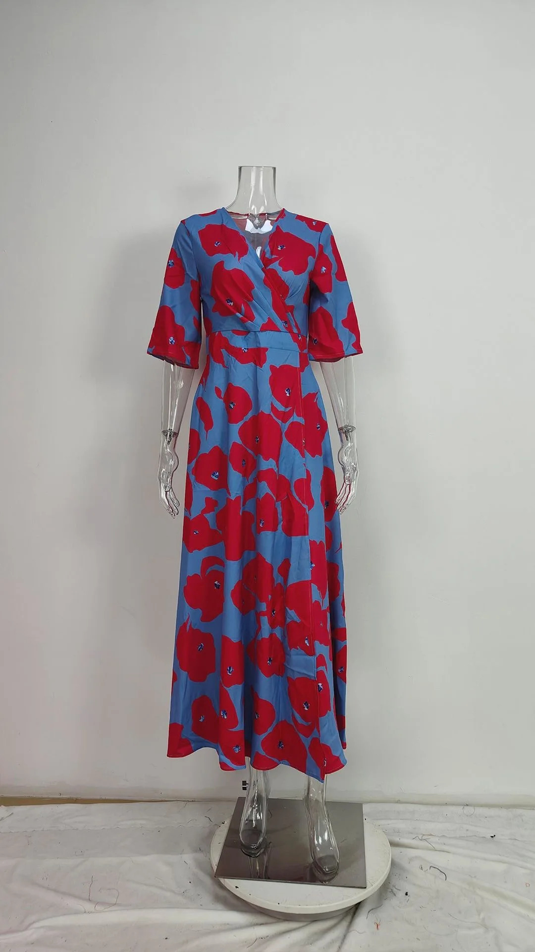 Spring Summer Women Fashion V Neck Belted Party Long Dress Sexy Printing Boho Maxi Dresses Short Sleeve Pocket Female Holiday 250609