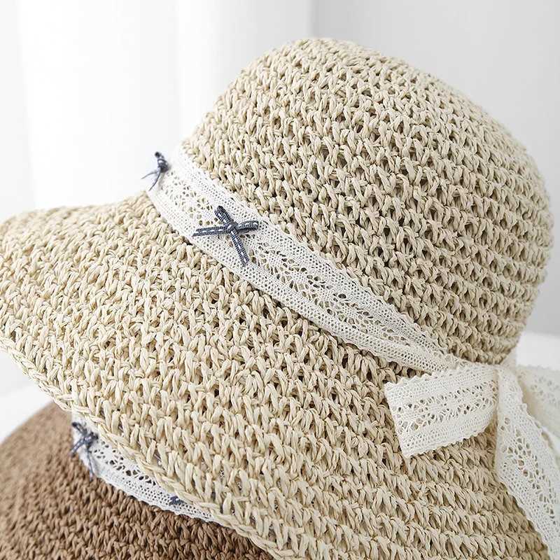 2025 New Korean Style Sun Hats Womens Summer Hat Lace Bow Straw Large Brim Ladies Sunshade Foldable Beach Accessories M250616