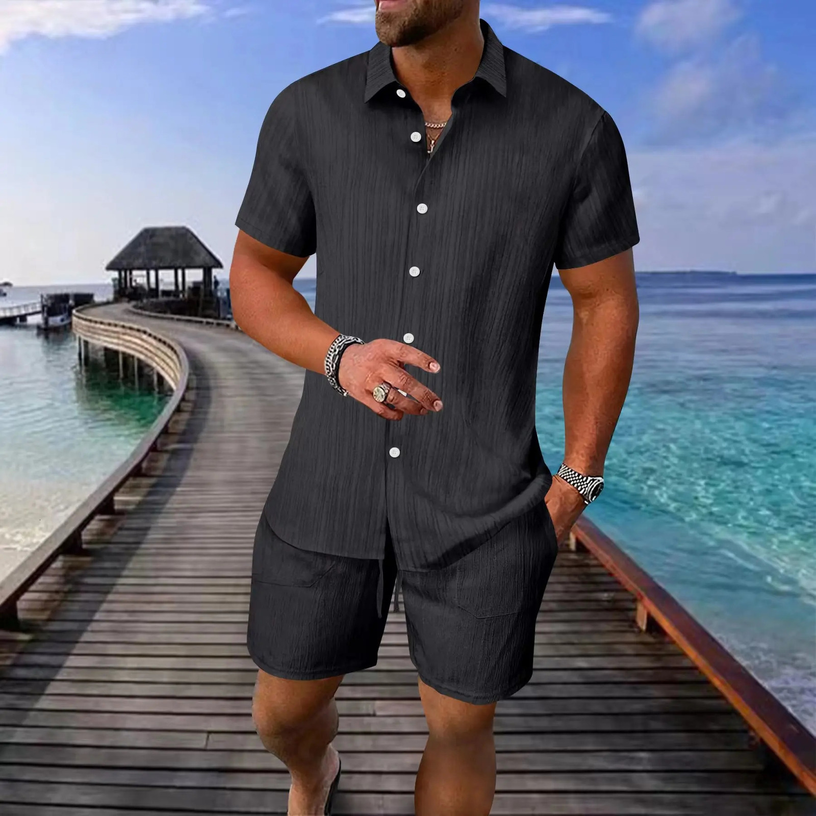 Summer Mens Striped Polo Casual Loose Breathable Sweat Absorption Short Sleeve Shorts Sports Suit 250612