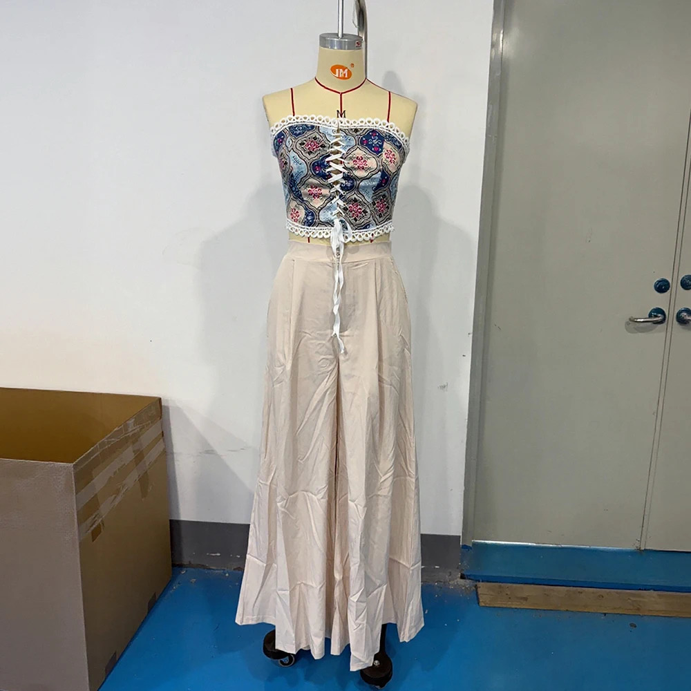 Wefads Women Set Sleeveless Strapless Tops Wide Leg Pants Two 2 Piece Hole Hollow Out Summer Sexy Street Tracksuit 250612