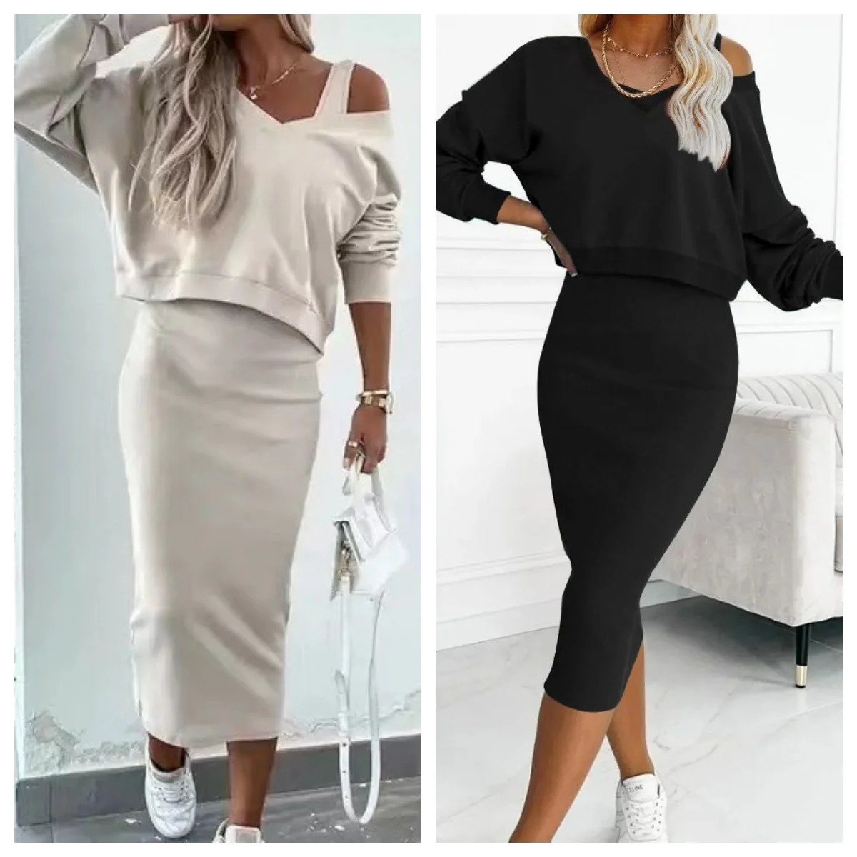 Fashion Two Piece Set Dress Womens Autumn Sexy V Neck Long Sleeve Pullover Top And Skirts Two Piece Set Dress 250609