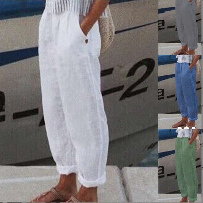 Cotton Linen Solid Color Cuffed Casual Pants with Optional Floral Pattern 2025 New Fashion Trendy Clothing