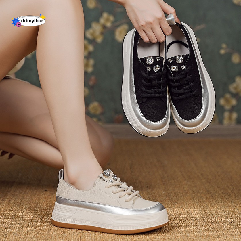 Genuine Leather Casual for Women Thick Sole Height Increasing 2025 Spring Summer New Sneakers Versatile Flat Shoes Trendy ddmythur