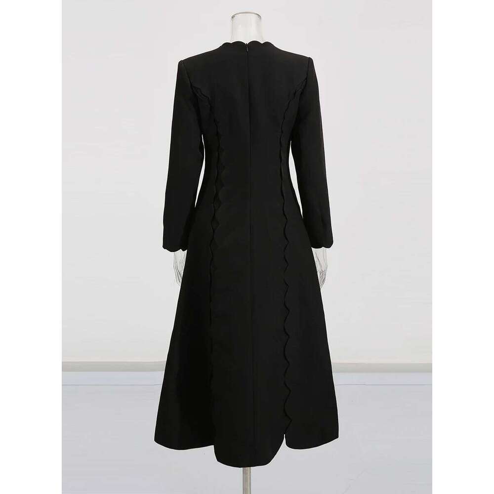 CHECEVER Black Spliced Bowknots Dresses for Women V Neck Long Sleeve High Waist Patchwork Cut Wave Hem Designer Dress Female New