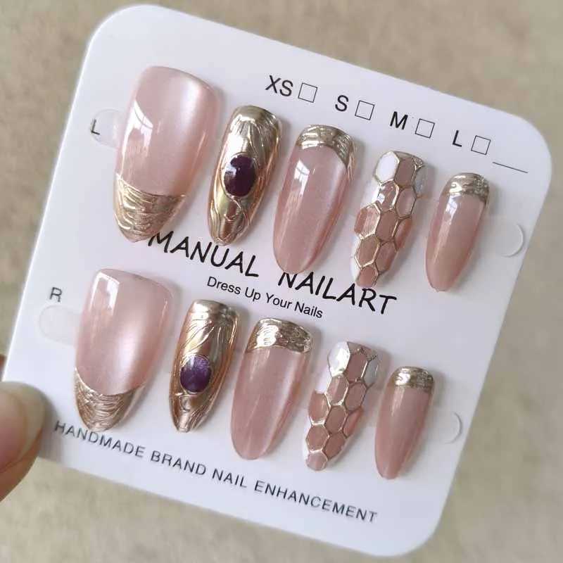 10Pcs 3D Hollow Diamond Grid Irregular Gilded French Style Purple Gemstone Detachable Manicure Nail Patch R250616