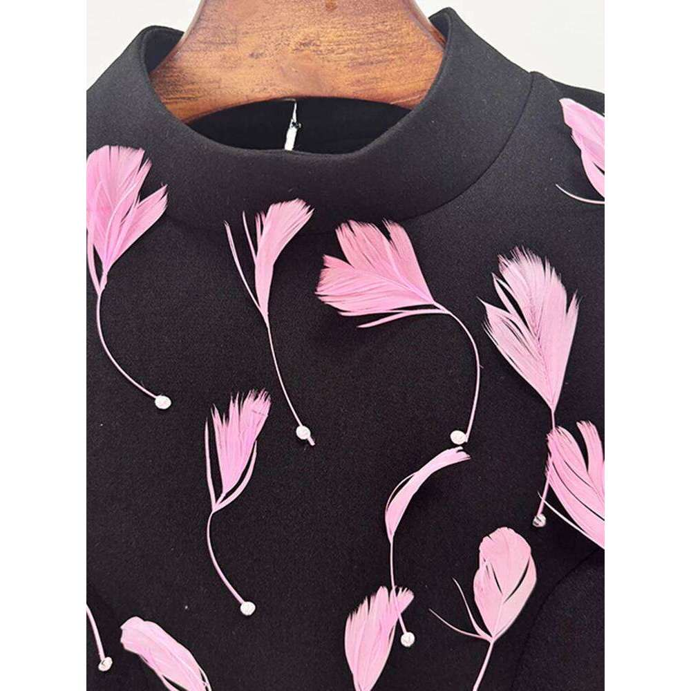 DEAT Elegant Dress Feathers Patchwork Backless Long Sleeve Split Women's Evening Party Dresses 2025 Summer New Fashion 35Z2527