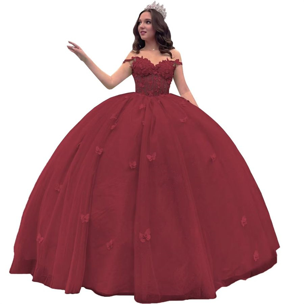 Ball Gown Quinceanera Dresses Spaghetti-strap Illusion Butterfly Appliques Bow Lace-up Plus Size Sweet 15 16 Princess Birthday Party Gowns Vestidos De