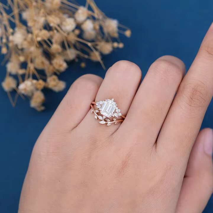 Stylish 925 Sterling Silver Emerald Cut Moissanite Cluster Engagement Rings for Wedding and Anniversary Gifting Options