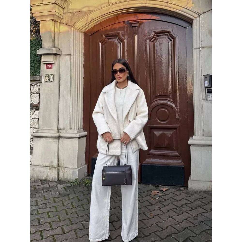 ZBZA Woman's Semilong Lapel Collar Long Sleeves Double Breasted Boucle Half-Length Coat Spring Female Chic Outerwear