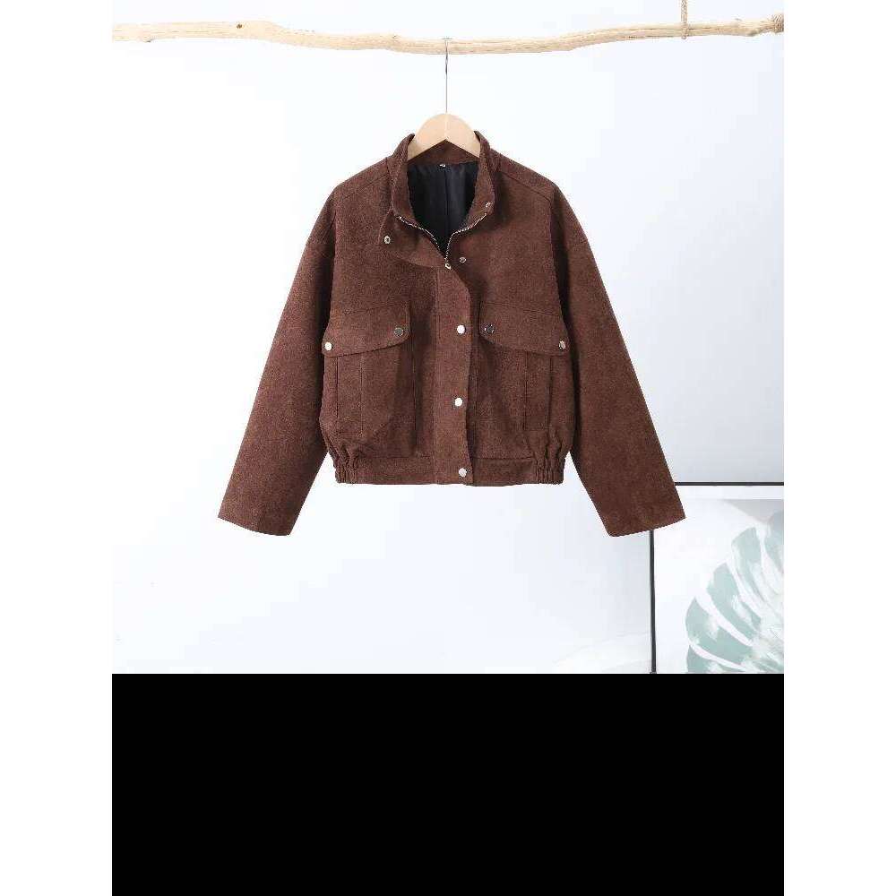 Street Suede Women's Jackets Vintage Brown Lapel Long Sleeve Female Crop Coat 2025 Spring Fashion Pocket Loose Lady Outwears