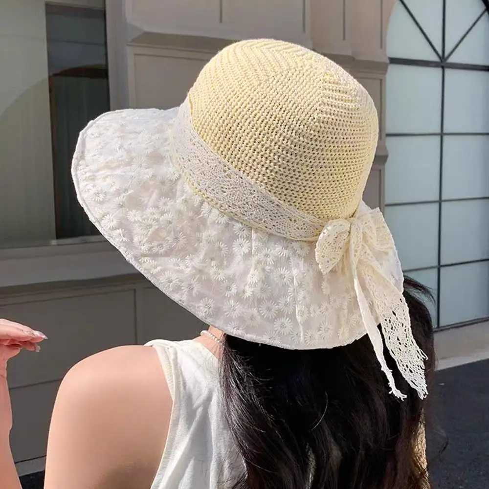 HOT Womens Summer Bucket Hat Small Flower Woven Straw Hat Foldable Fisherman Hat Handmade Wide Large Brim Beach Hats Anti UV M250616