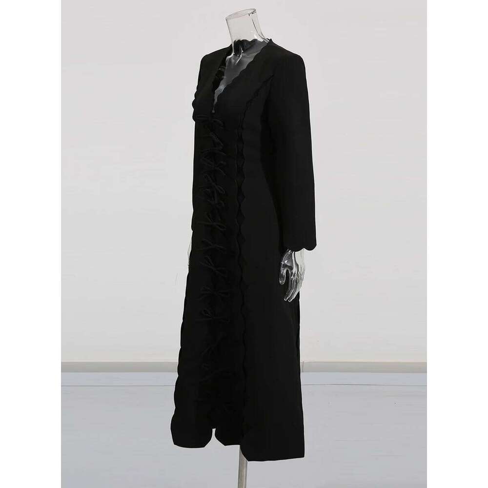 CHECEVER Black Spliced Bowknots Dresses for Women V Neck Long Sleeve High Waist Patchwork Cut Wave Hem Designer Dress Female New