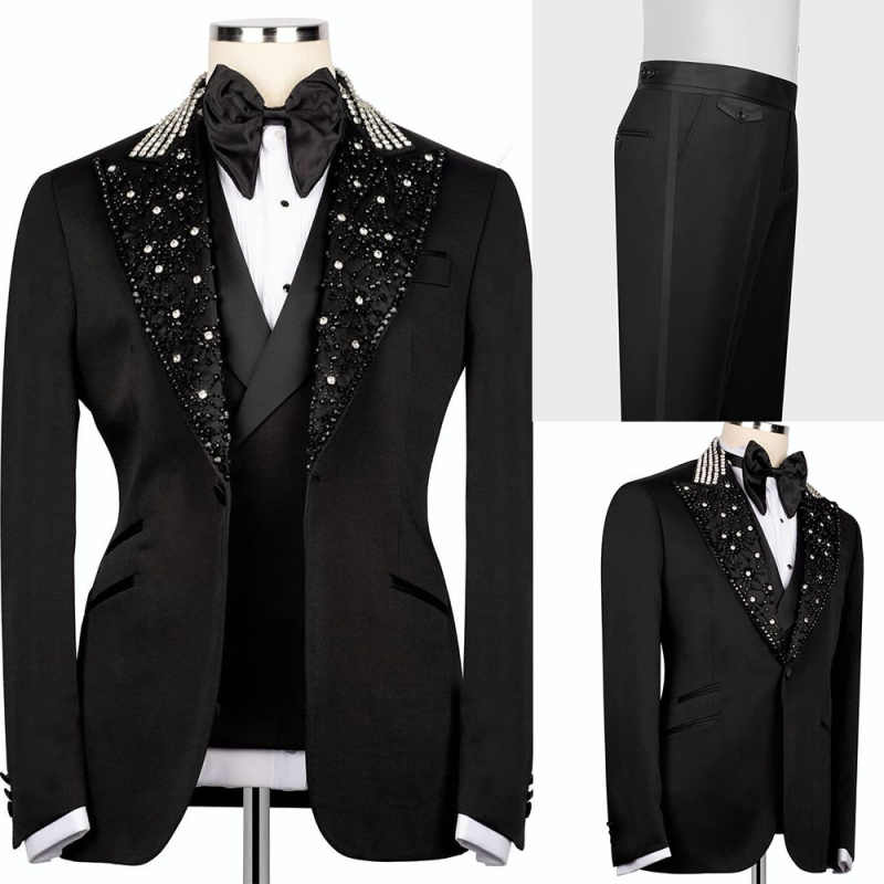 New Fashion Tuxedo Suits Jewelry Stones For Men Slim Fit 3 Pieces Groom Wedding Dresses Customized Single Breasted trajes para hombre Tailor Custom Ma