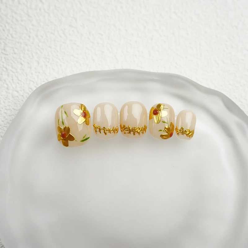 Cute Handmade Press on Nails Golden Korean Fake Nails Round Head Reusable Adhesive False Artifical Nails Manicure Acrylic Tips R250616