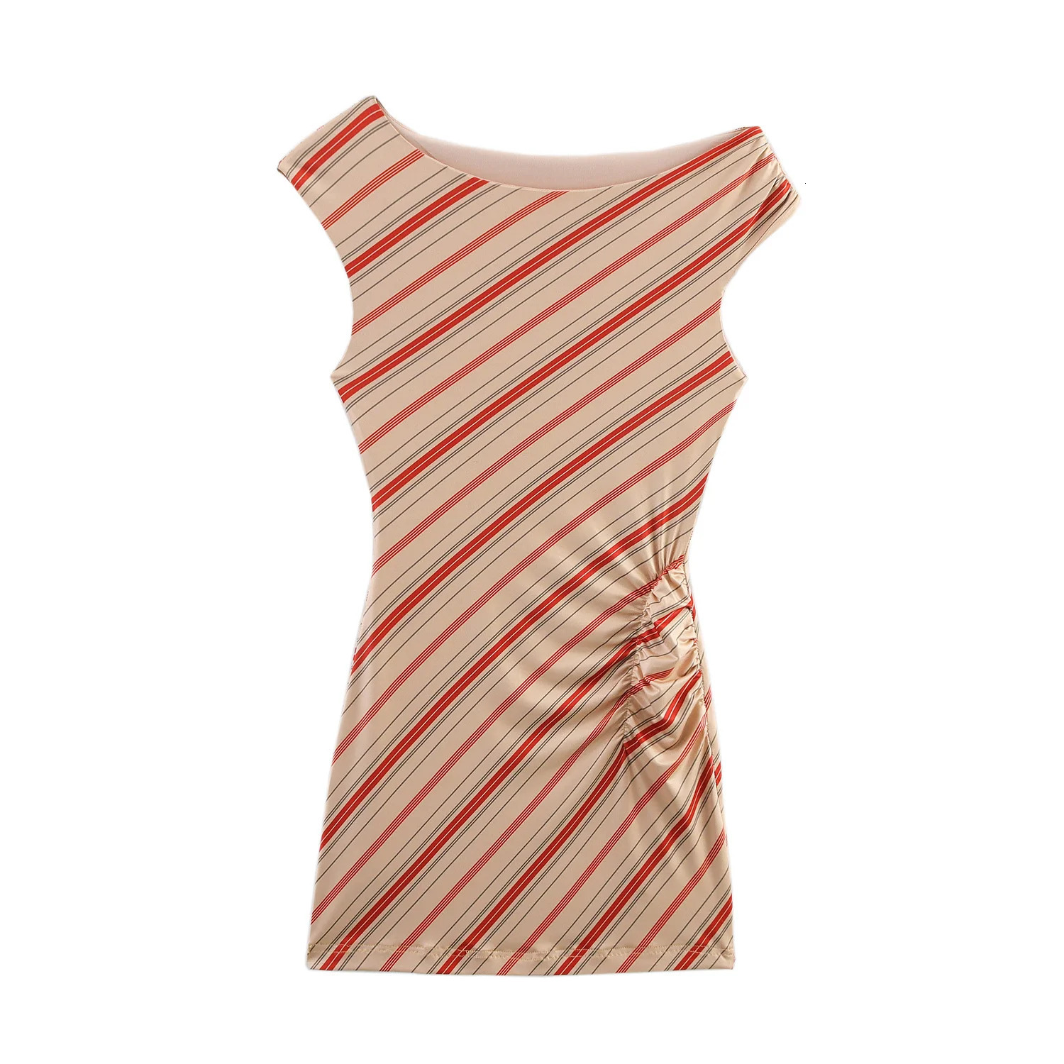 European and American style elastic slimfit oblique shoulder asymmetrical striped dress 250611