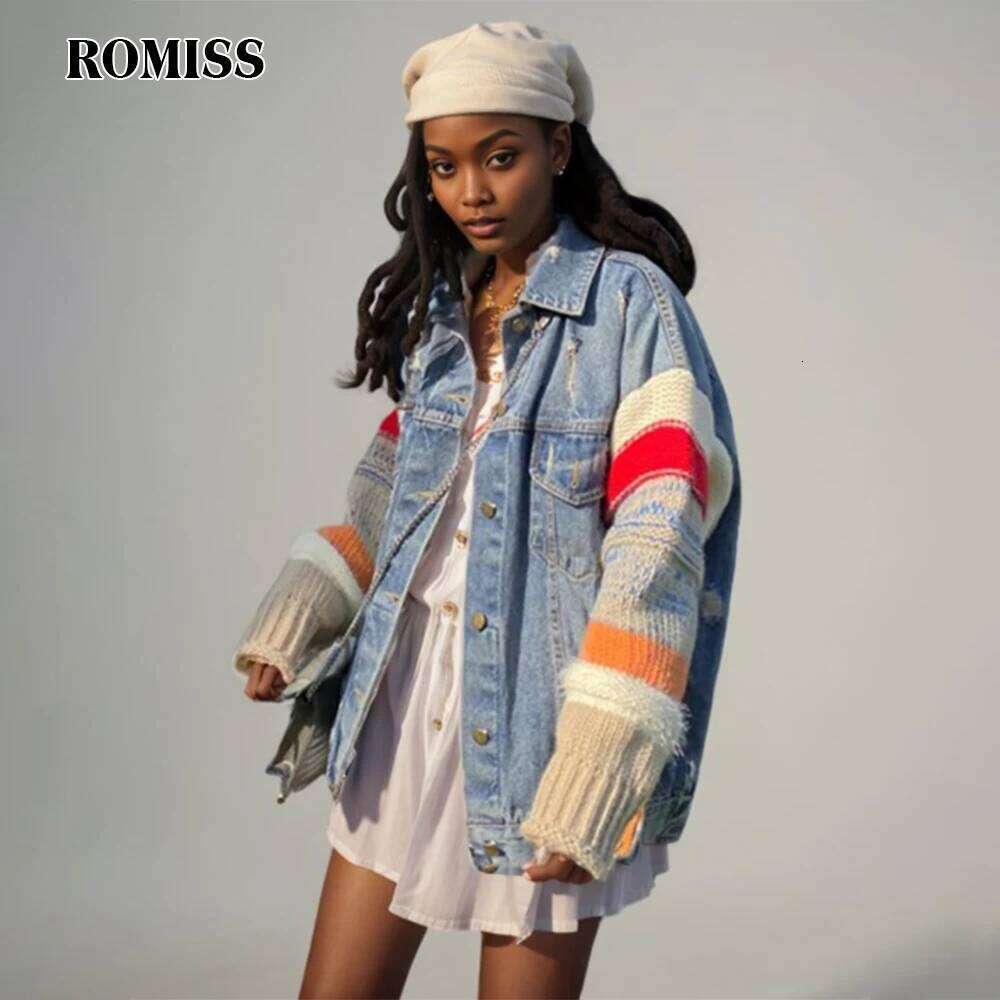 ROMISS Patchwork Knitted Denim Coats For Women Lapel Long Sleeve Hit Color Tassel Jackets Female Clothing Fashion Autumn 2024