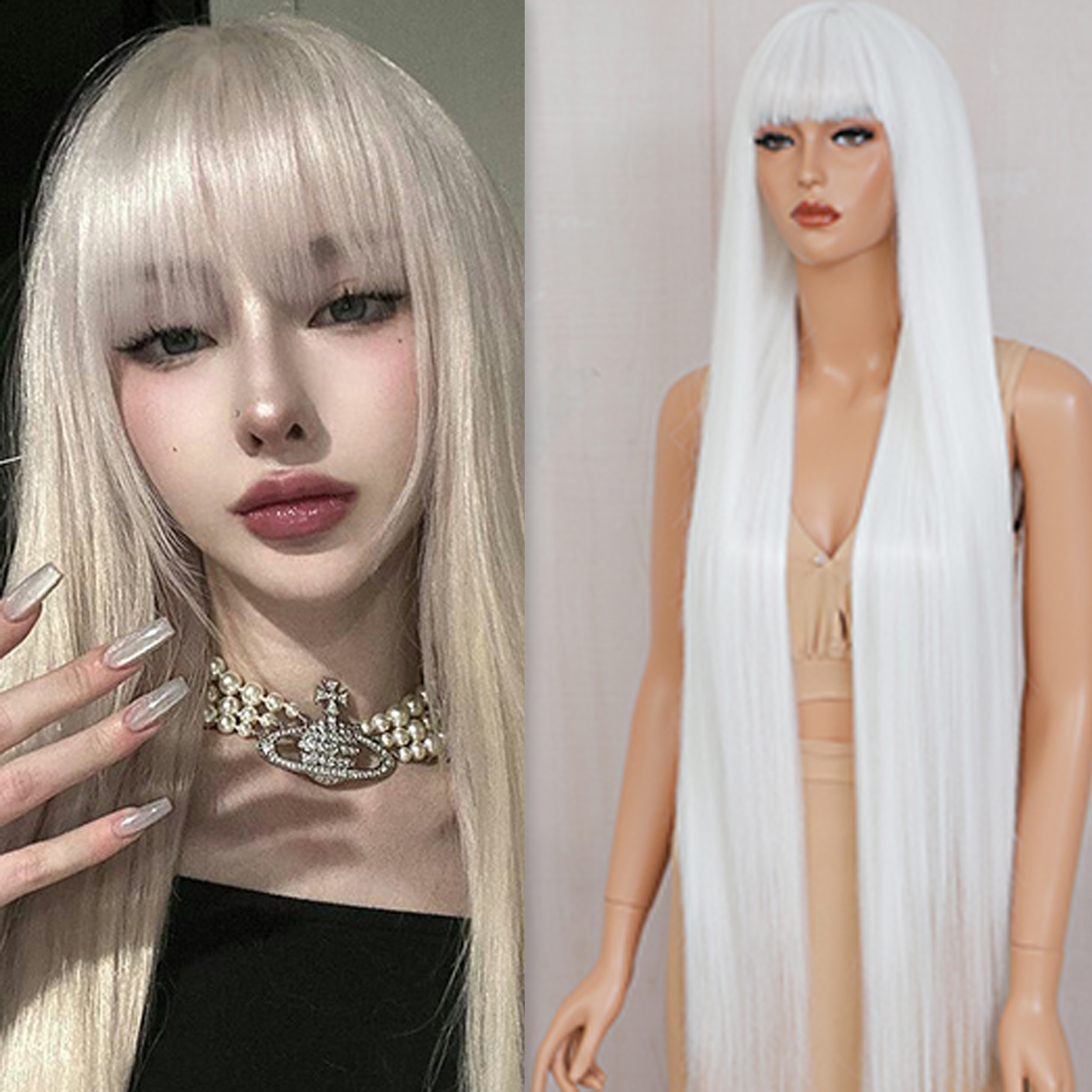 40 inch green blonde synthetic waterwave wig with bangs glue free extra long straight wigs human hair 360, perfect for ladies green party