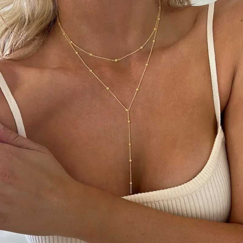 LATS Gold Color Double Layered Long Tassel Chain Necklaces for Women Simple Metal Geometric Bead Choker Necklace Fashion Jewelry W250616