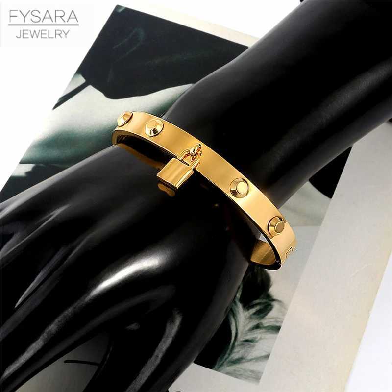 FYSARA Punk Style Lock Charm Rivet Spike Bangle Stainless Steel for Women Men Classic Brand Pulseiras Jewelry Gifts Z250616