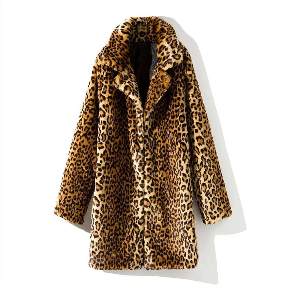 S-4XL Winter Warm Open Turn-Down Neck Loose Plush Jacket Women Faux Fur Leopard Cardigan Ladies Thick Long Coat