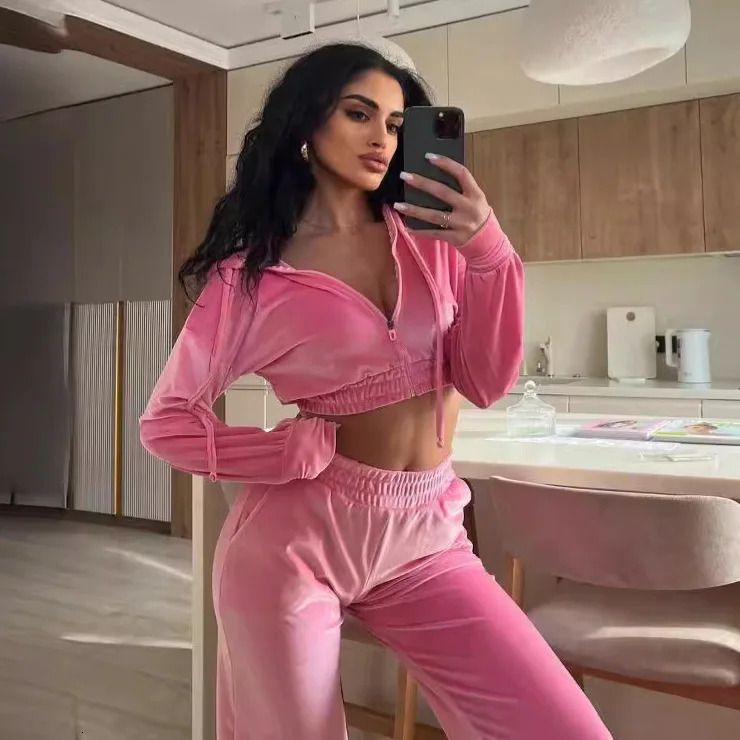 Two Piece Pant Sets Women Hooded Zipper Thick Short Sweatshirt Coats Pockets Full Sleeve Crap Top Elastic Waist Pants Suits 250614