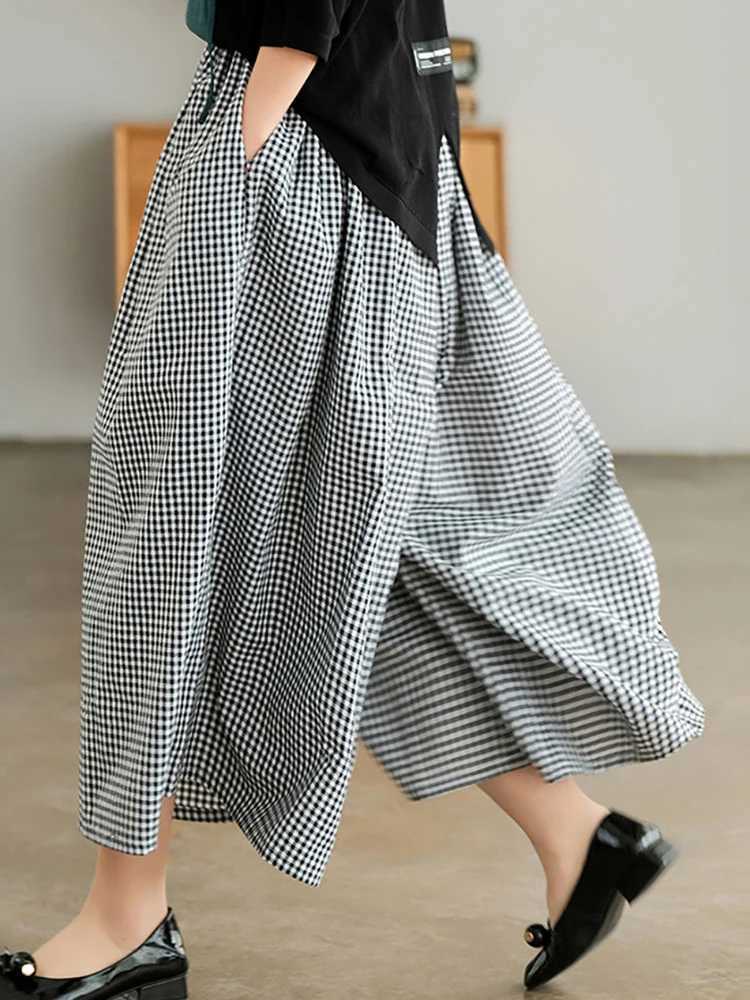 Ele Woman Dress Plaid Pants Thin Cotton Linen Wide Leg Trousers Women 2023 Summer High Waist Baggy Jogger Pants Sweatpants XJ250616