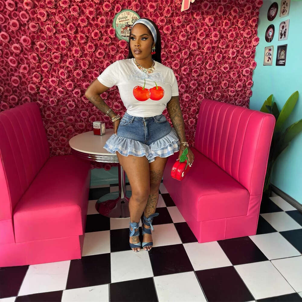 New Casual Versatile Street Style Girl Printed Elastic Round Neck Short Sleeve Simple Top T-Shirt B5