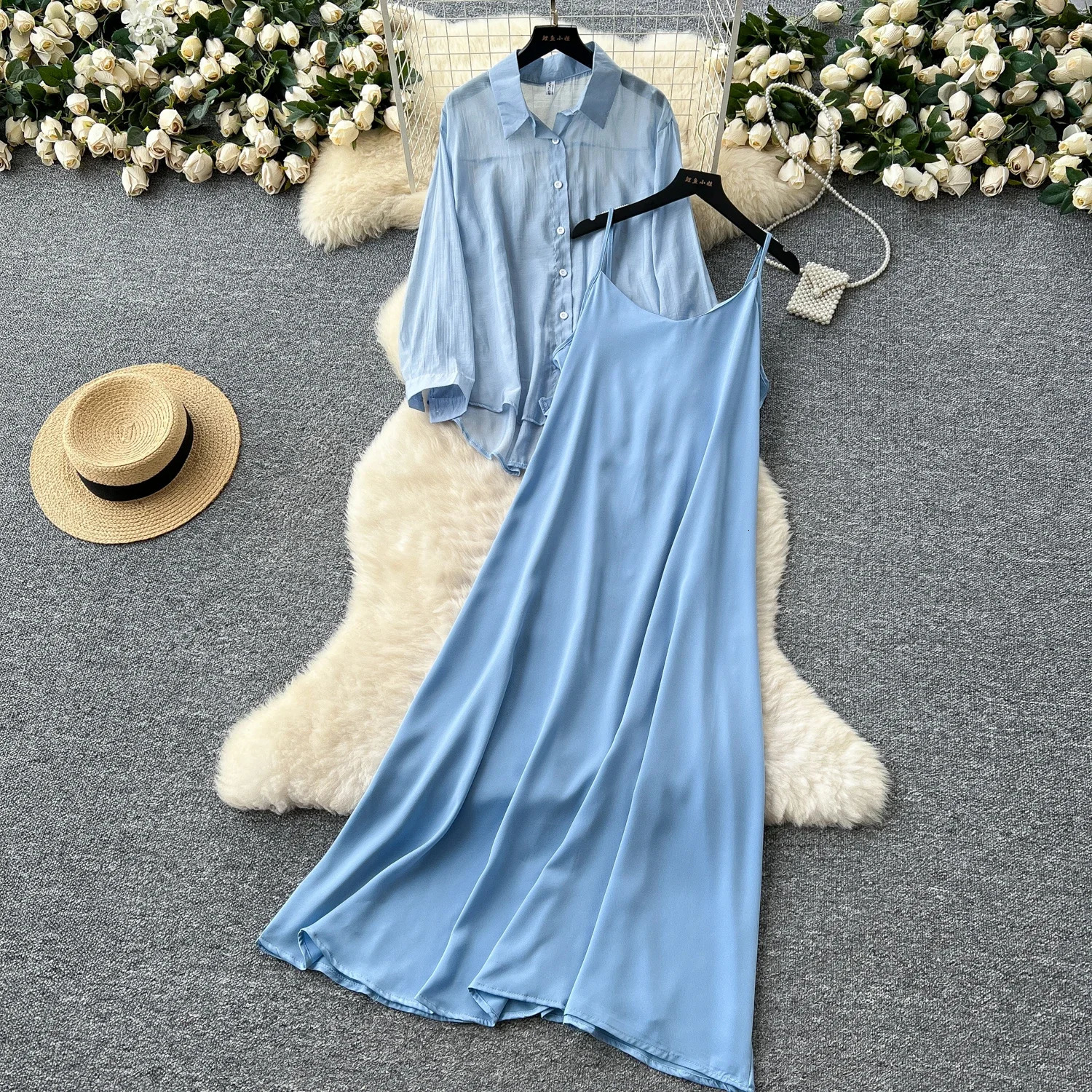 Solid Sexy Single Breasted loose Elastic Slim Two Piece Set Elegant office lady Summer Korean Fashion Vestidos 250609