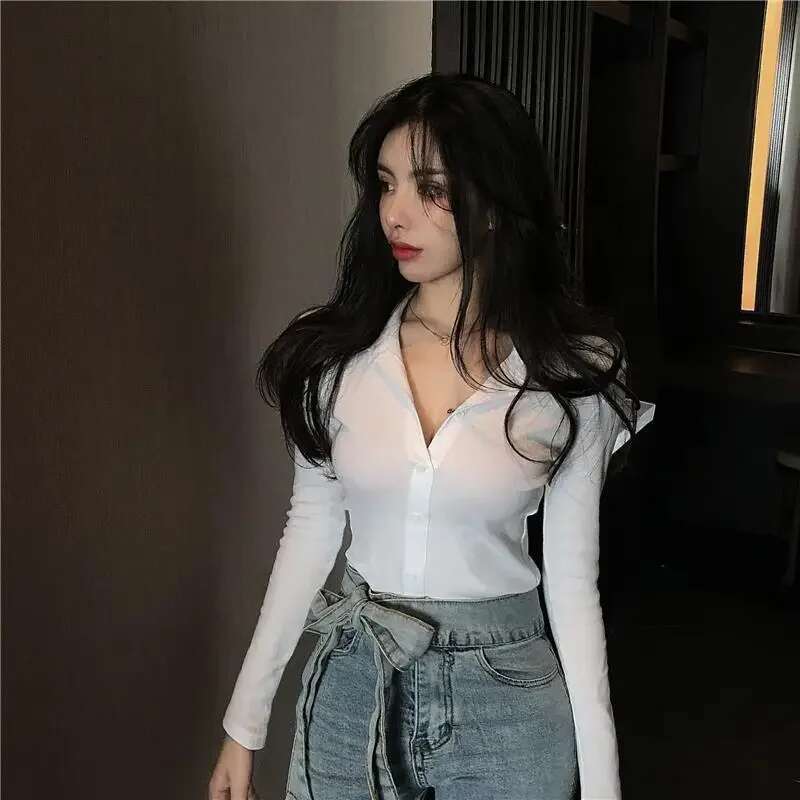 Female Tee Button Cotton T-shirts Long Sleeve Womens Polo Pulovers Synthetic Cheap Tops Youthful Elegant Aesthetic Youth