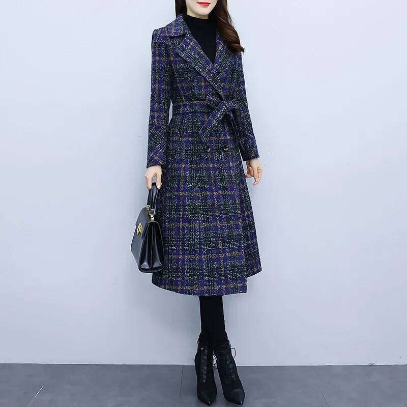 Extended Thickened Woolen Women's Autumn Winter Plaid Outerwear Fashionable Chinese Brand Style Long Coat For Ladies