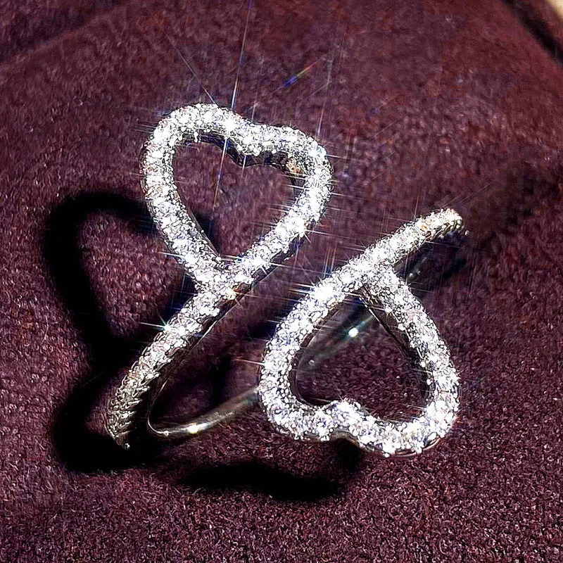 925 Sterling Silver Heart Open Ring for Women Exquisite Fashion White Zircon Stones Wedding Ring Engagement Jewelry 250610