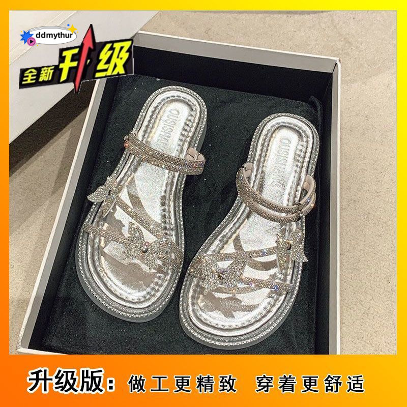 Rhinestone Decorated One-Strap Sandals French 2024 Summer New Outdoor Beach Two-Way Fairy Style Slippers Butterfly Trend ddmythur
