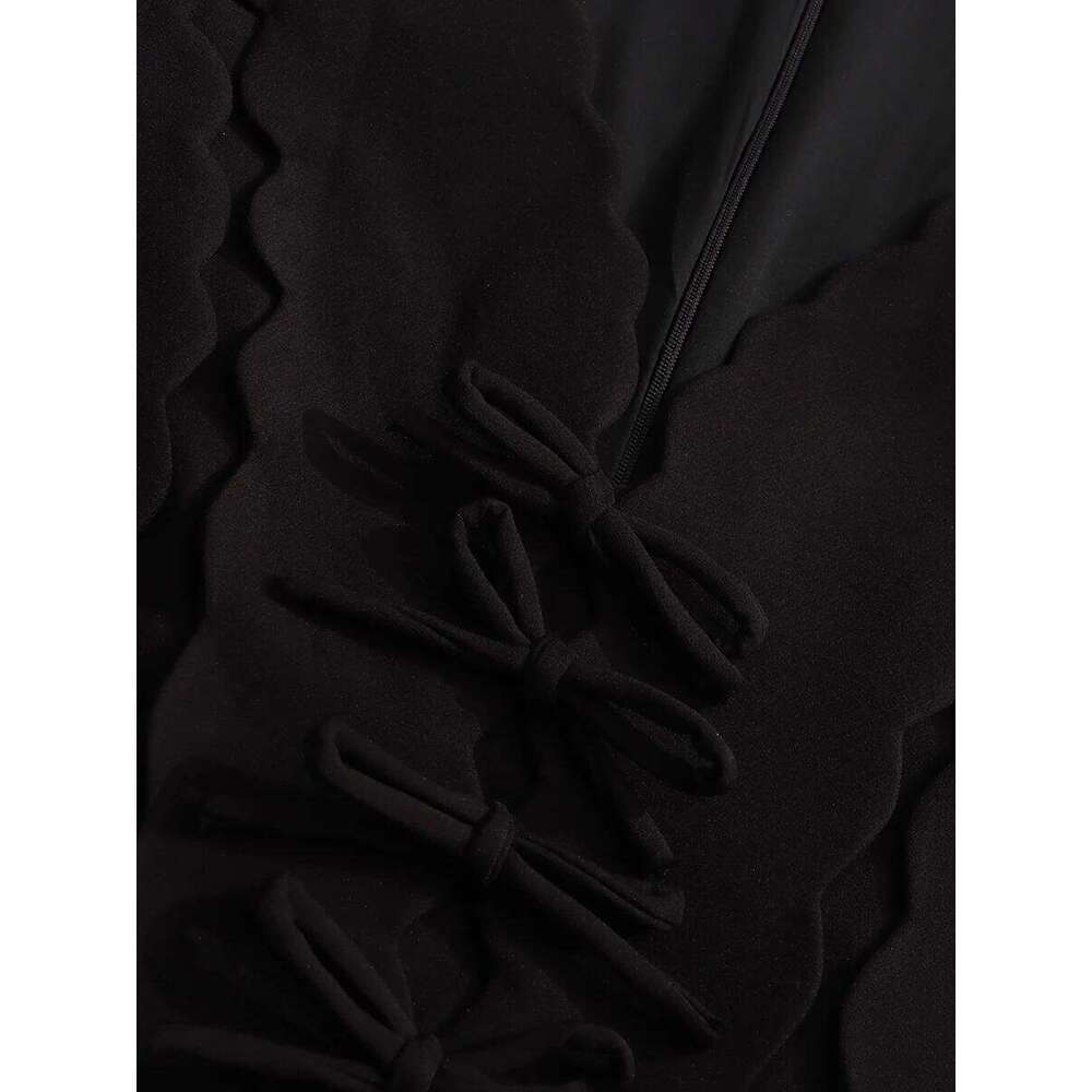 CHECEVER Black Spliced Bowknots Dresses for Women V Neck Long Sleeve High Waist Patchwork Cut Wave Hem Designer Dress Female New